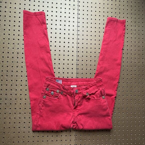 True Religion Joey Super T Stitch Jeans Womens Size 28x29 Red Skinny USA Made - Picture 3 of 13